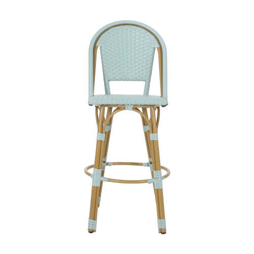 29.5" Outdoor PE Rattan and Aluminum French Barstools, Set of 2, Light Teal and Bamboo Finish