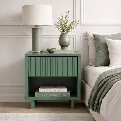 Sage Green Nightstand, 1 Drawer & Shelf, Fluted Front, 18.1inchL¡Á19.7inchH¡Á15.2inchD