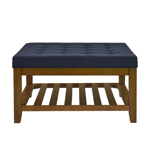 33.5 inch Navy Blue Tufted Linen Square Ottoman Coffee Table, Beech Wood Frame Storage Footrest Stool