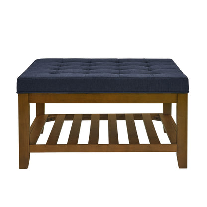 33.5 inch Navy Blue Tufted Linen Square Ottoman Coffee Table, Beech Wood Frame Storage Footrest Stool