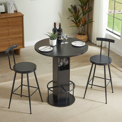 3-Piece Bar Table and Stool Set 31.5-inch round bar table with two stools Compact wooden dining bar with metal ring footrest Ideal for restaurants, cafes, bars, living rooms, and small spaces,Black