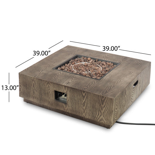 WELLINGTON SQUARE IRON WOOD PATTERN FIRE PIT -50,000 BTU Tank outside