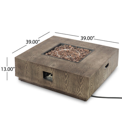 WELLINGTON SQUARE IRON WOOD PATTERN FIRE PIT -50,000 BTU Tank outside