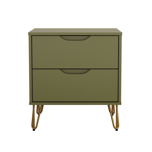 Olive Green Modern Nightstand, 2 Drawers & Metal Legs