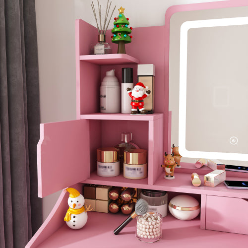 Pink 3-Color LED Vanity Mirror with Stool, 2 Drawers & 5 Storage Cabinets, Charging Station & Hair Dryer Holder