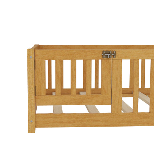 Twin Size Bed Floor Bed with Safety Guardrails and Door for Kids, Natural