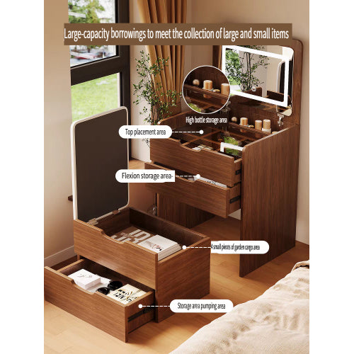 (60cm) 3 in 1 Vanity Desk with Plip Top Mirror, Small Make Up Vanity Set with Visible Glass Desktop, Compact Makeup Vanity with 3 Drawers, Dressing Table for Bedroom (Walnut Color)