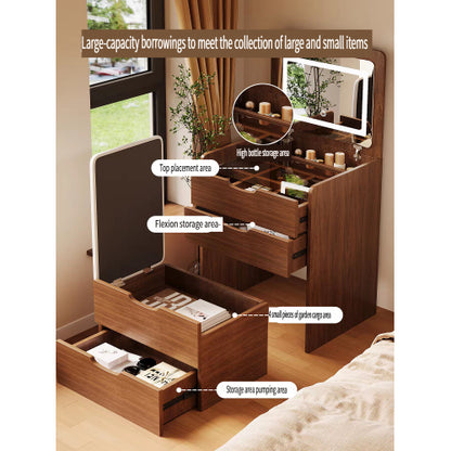 (60cm) 3 in 1 Vanity Desk with Plip Top Mirror, Small Make Up Vanity Set with Visible Glass Desktop, Compact Makeup Vanity with 3 Drawers, Dressing Table for Bedroom (Walnut Color)