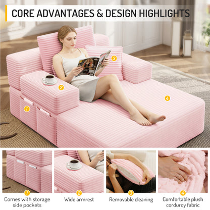 Oversized Baby Pink Corduroy Convertible Sofa Bed w/Storage Pockets