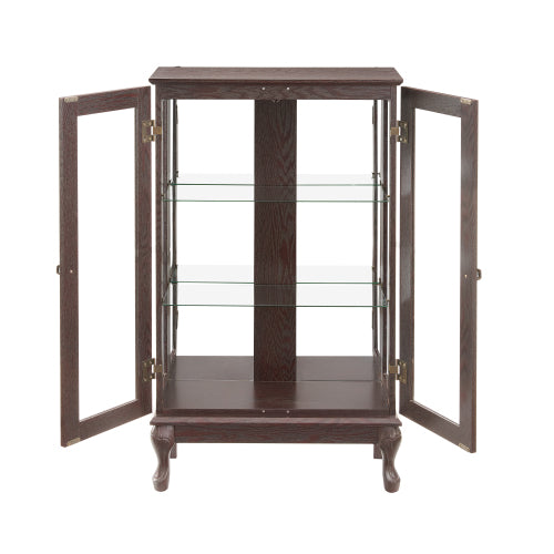 Cherry Lighted Tempered Glass Curio Cabinet Mirrored Back Panel Adjustable Shelf Vintage Metal Handle Home Display Cabinet