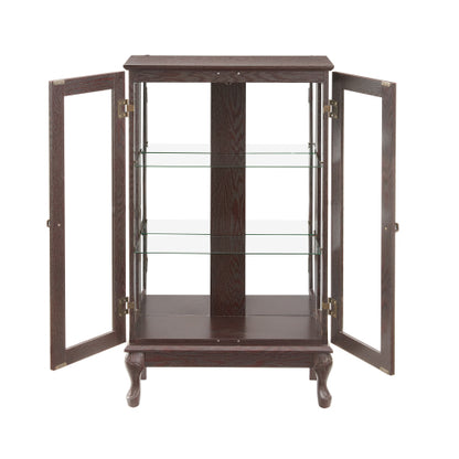 Cherry Lighted Tempered Glass Curio Cabinet Mirrored Back Panel Adjustable Shelf Vintage Metal Handle Home Display Cabinet