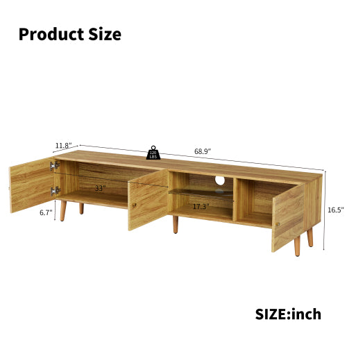 69 Inch Mid-Century Oak TV Stand 3-Door MDF Media Console Solid Pine Legs Holds TVs Up To 70 Inch