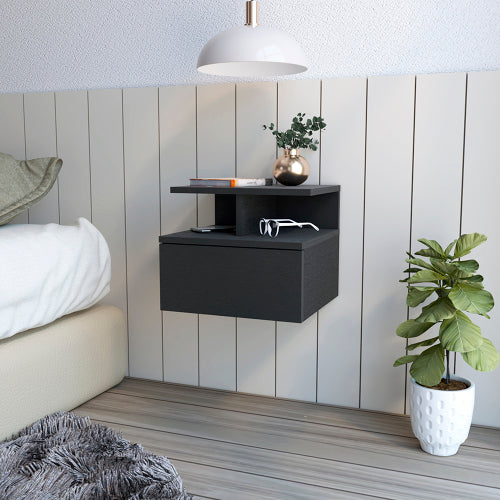 Black Wengue Floating Nightstand, Wall-Mounted Single Drawer & Top Shelf Storage Side Table