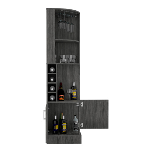 Corner Bar Cabinet, Eight Bottle Cubbies, Double Door, Two Open Shelves -Smokey Oak