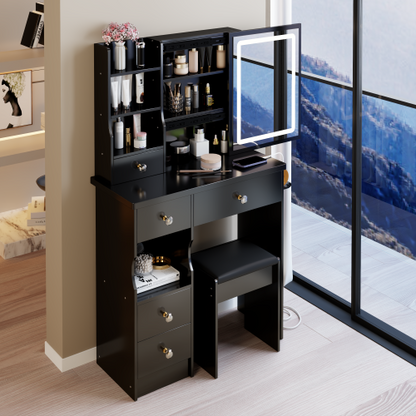 29.2" Small Size Left Drawer Desktop Vanity Table + Cushioned Stool, 2 AC+2 USB Power Station, Hair dryer bracket, Extra Large Touch Control Sliding LED Mirror, Tri-color Switching, Brightness Adjust
