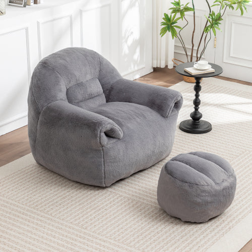 Grey Faux-Fur Bean-Bag Sofa Chair with Backrest & Footstool