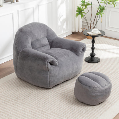Grey Faux-Fur Bean-Bag Sofa Chair with Backrest & Footstool