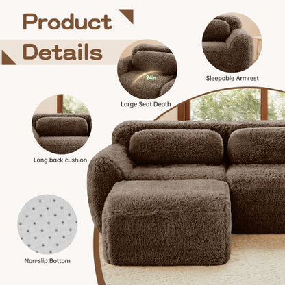 114 inch  Chocolate Plush Modular Sectional Sofa,Buckle Connection,No Assembly,Throw Pillows