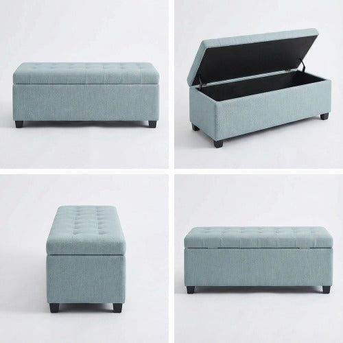 49.75 inch Baby Blue Polyester Tufted Storage Ottoman Bench, 300 LBS Wooden Leg Footrest with Safety Hinge