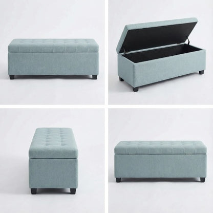 49.75 inch Baby Blue Polyester Tufted Storage Ottoman Bench, 300 LBS Wooden Leg Footrest with Safety Hinge