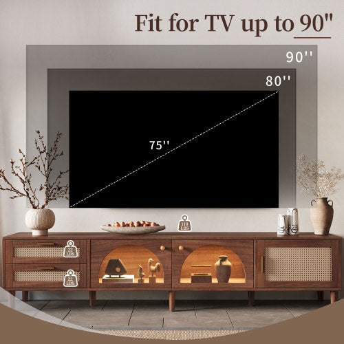 86.6 inch Dark Brown App Controlled LED Rattan TV Stand Glass Cabinets Fits Up To 90 inch TV