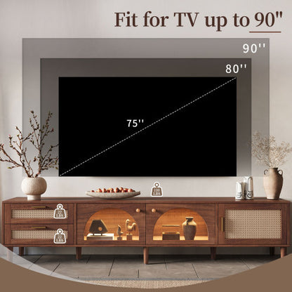 86.6 inch Dark Brown App Controlled LED Rattan TV Stand Glass Cabinets Fits Up To 90 inch TV