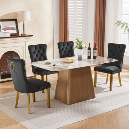 Set of 2 Black Velvet Mid-Century Dining Chairs, Lion Head Pull Ring Golden Solid Wood Legs 280lbs Capacity