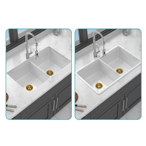 32"x19"x10" Undermount Double Bowl Porcelain Fireclay Kitchen Sink - Dual Mount White Fireclay Rectangular Deep Double Bowl Sink Basin