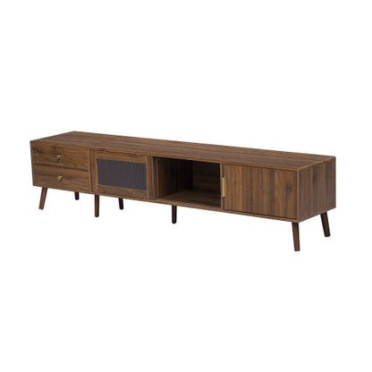 76.7 inch Natural Wood Wave Tempered Glass Door TV Stand Solid Wood Leg Media Console For 85 inch TV