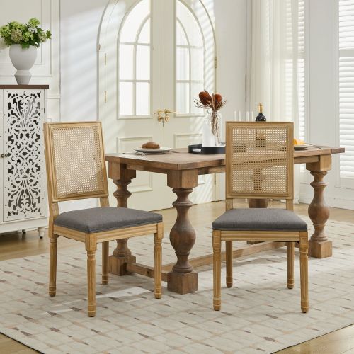 Set of 2 Gray French Louis Square Rattan Back Carved Solid Wood Dining Chairs, Antique Paint Frame 300 LBS Capacity