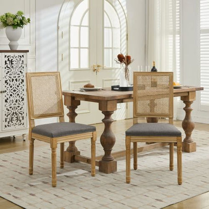 Set of 2 Gray French Louis Square Rattan Back Carved Solid Wood Dining Chairs, Antique Paint Frame 300 LBS Capacity
