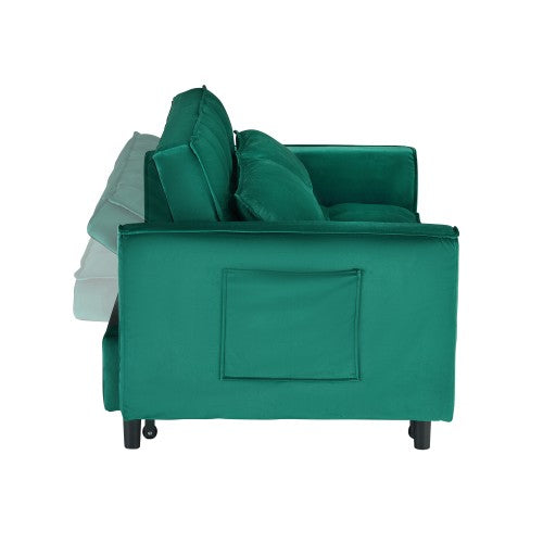 55-Inch Green Velvet 3-in-1 Convertible Sleeper Loveseat Sofa-Bed with Side Pockets for Living-Room Guest-Room