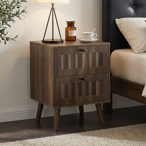 2-Pack Walnut Medieval Retro Nightstand, 2 Drawers with Solid Wood Legs & Silent Slides