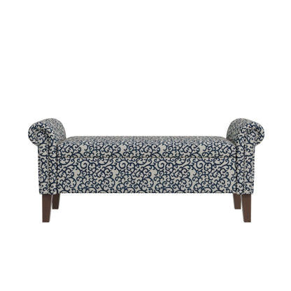 Traditional Rolled Arm Storage Bench Ottoman with Pewter Nailhead Trim in Black Curly Vine Pattern with Dark Brown Solid Wood Legs