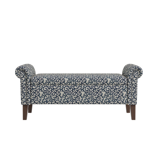 Traditional Rolled Arm Storage Bench Ottoman with Pewter Nailhead Trim in Black Curly Vine Pattern with Dark Brown Solid Wood Legs