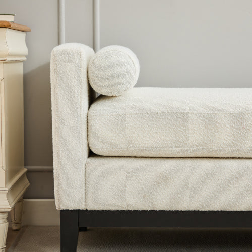 66.34inch W Elegant Upholstered Bench,Daybed, Ottoman with Wood Legs & 2 Bolster Pillows for End of Bed, Bedroom, Living Room, Entryway,Ivory Boucle