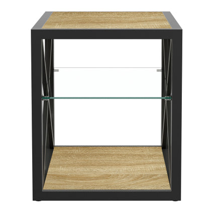 1 piece Modern End Table Nightstand for Bedroom & Living Room, Tempered Glass&Natural Wood MDF Top , Industrial Style Side Table