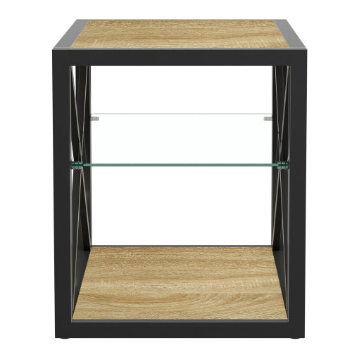 Set of 2 Modern End Table Nightstand for Bedroom & Living Room, Tempered Glass & Natural Wood MDF Top , Industrial Style Side Table