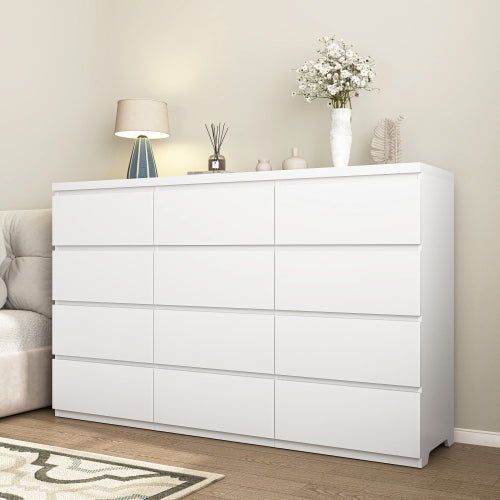 12 Drawers Double Dresser, Modern Wood Dresser Chest of Drawers with Large Storage Space for Bedroom, White