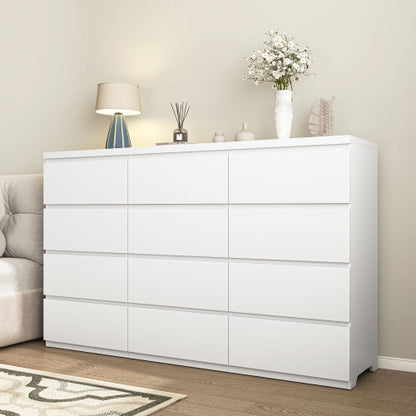 12 Drawers Double Dresser, Modern Wood Dresser Chest of Drawers with Large Storage Space for Bedroom, White