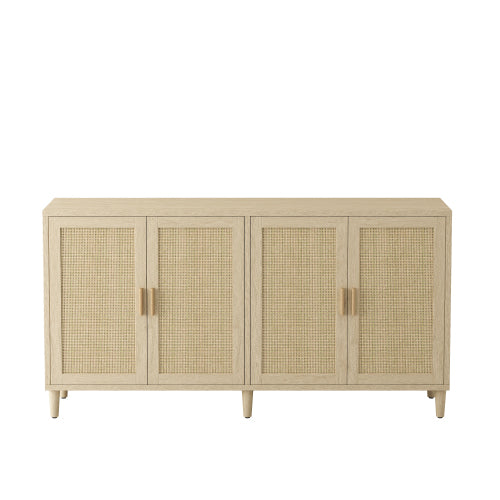 70 Inch Natural Rattan 4-Door Sideboard Adjustable Shelf Storage Cabinet With Solid Wood Legs Easy Assembly