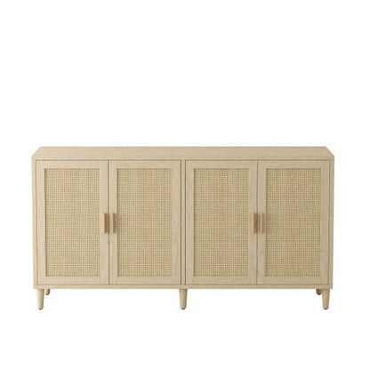 70 Inch Natural Rattan 4-Door Sideboard Adjustable Shelf Storage Cabinet With Solid Wood Legs Easy Assembly