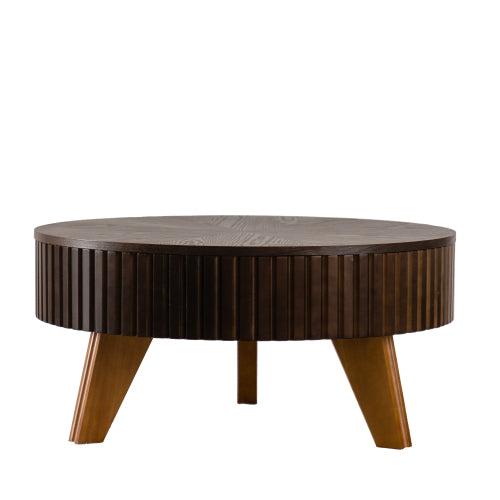 31.5inch  Retro Round Coffee Table Storage MDF Solid Wood Legs Living Room Accent Brown