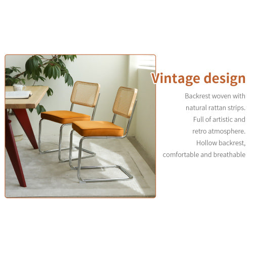 Set of 2 Orange Velvet Rattan Cantilever Dining Chairs, Chrome Tubular Steel Breuer Stackable Side Chairs