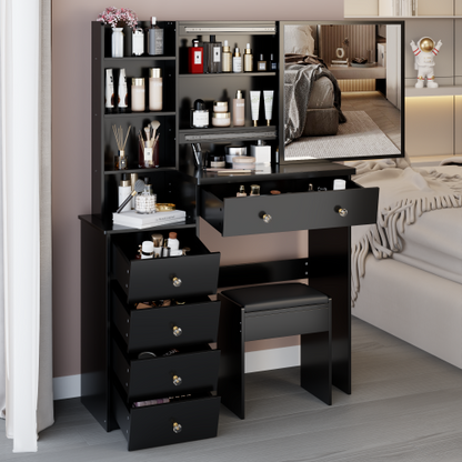 37inch  Middle Size Left Bedside Cabinet Vanity Table + Cushioned Stool, Extra Large Right sliding mirror, Multi Layer High Capacity Storage, Practical Fashionable Dresser, Suitable For Middle Space