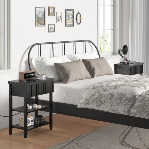 Black Fluted Nightstand Set of 2 with Charging Station, 20.1inchL*11.3inchW*25.3inchH