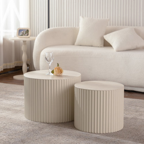 2-Piece Beige Nesting Drum Coffee Table with Wave Stripes