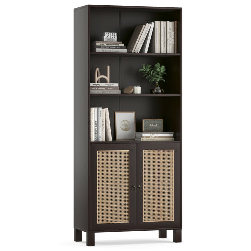 Walnut Tall 5-Tier Bookshelf With Rattan Closed Doors Large-Capacity Wooden Home Library Storage Bookcase
