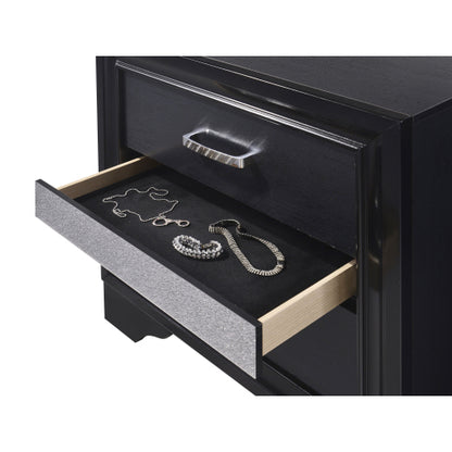 Black 2 Drawer Nightstand with Hidden Jewelry Tray, Modern Bedside Table with Crystal Handle, Storage Cabinet