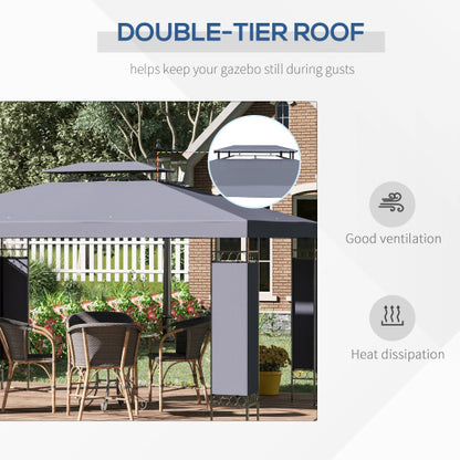 Outsunny 10' x 13' Patio Gazebo, Double Roof Outdoor Gazebo Canopy Shelter with Screen Decorate Corner Frame, for Garden, Lawn, Backyard and Deck, Gray